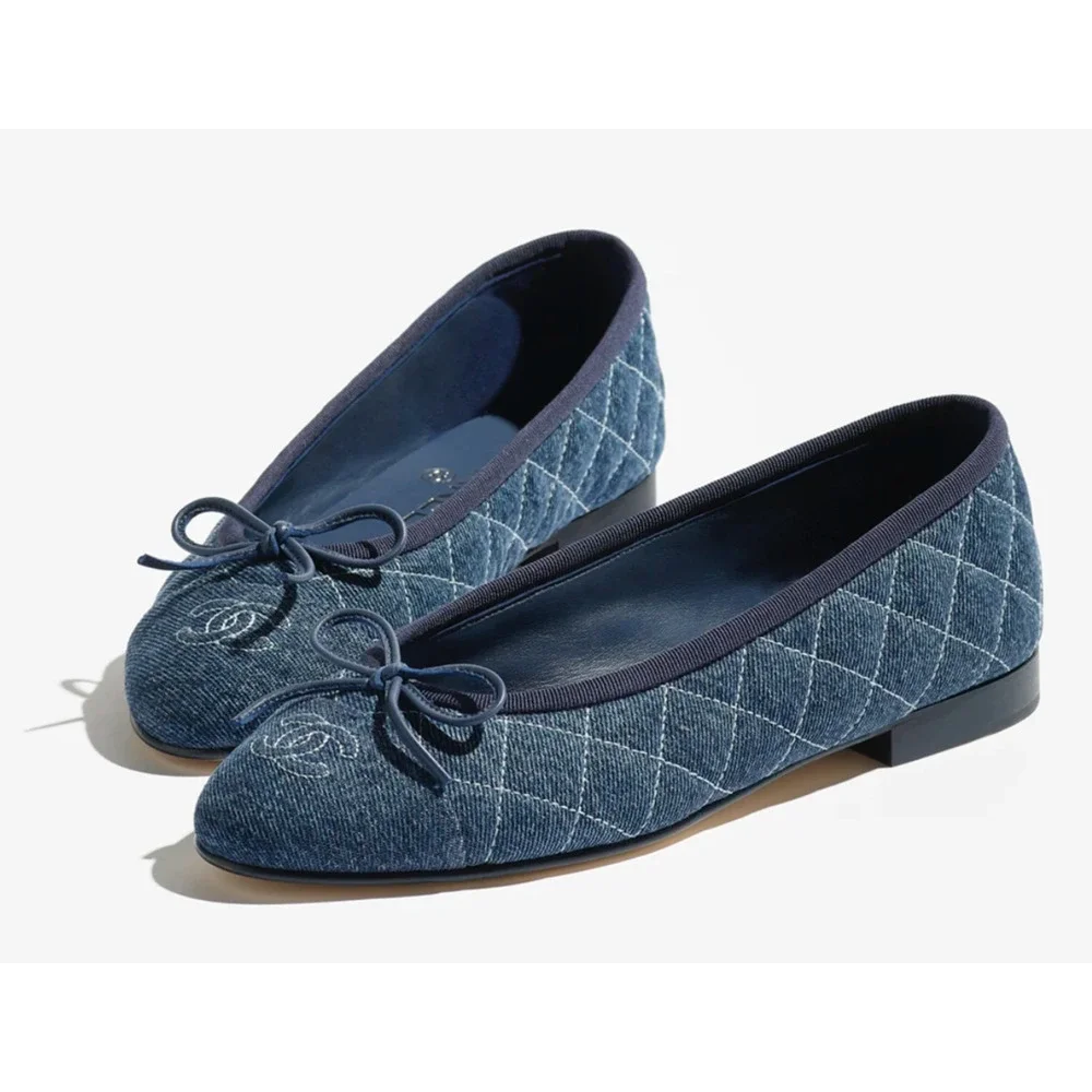 Chanel 26P Washed Denim Blue Quilted CC Logo Bow Tie Ballet Ballerina Flat 35 - Picture 1 of 16